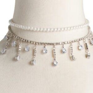 Kenneth Jay Lane Clear Rhinestone Crystal Drop Faux Pearl Collar Necklace